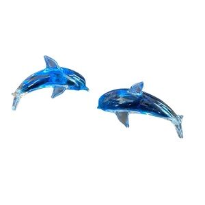 Pair Of Handblown Cobalt Blue And Clear Art Glass Dolphins